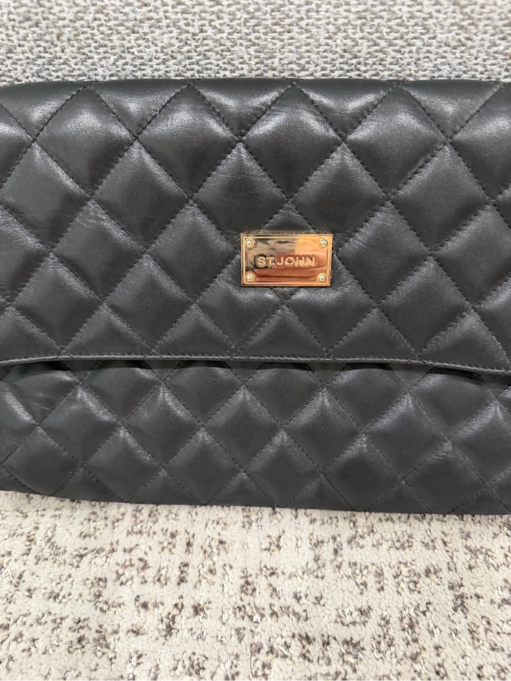 St. John Black Quilted Leather Clutch with Gold Buttons